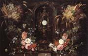Jan Van Kessel Still life of various flowers and grapes encircling a reliqu ary containing the host,set within a stone niche Sweden oil painting artist